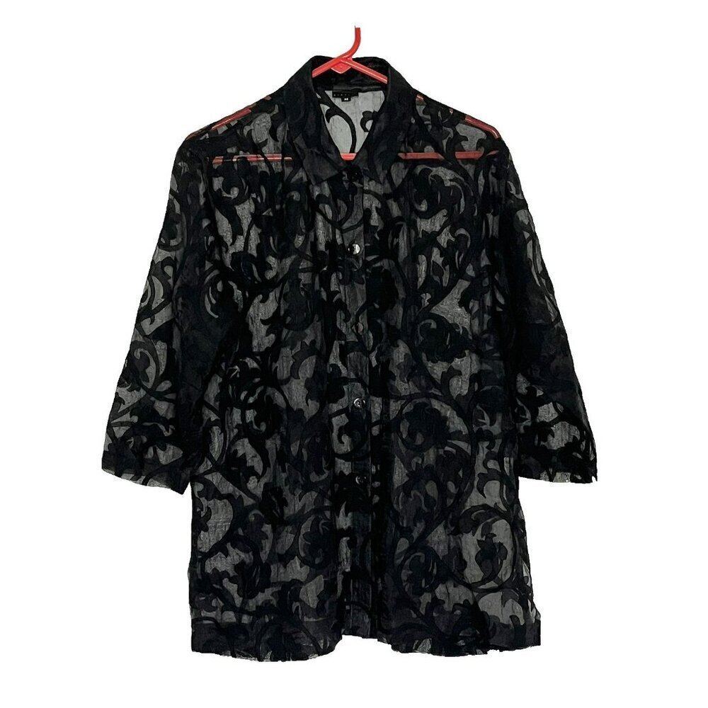 Sheer Floral Wimsigoth Fairy Grunge Button Up Top Oversized Medium 3/4 Sleeve